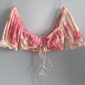 Pink and white tye dye off shoulder crop top.